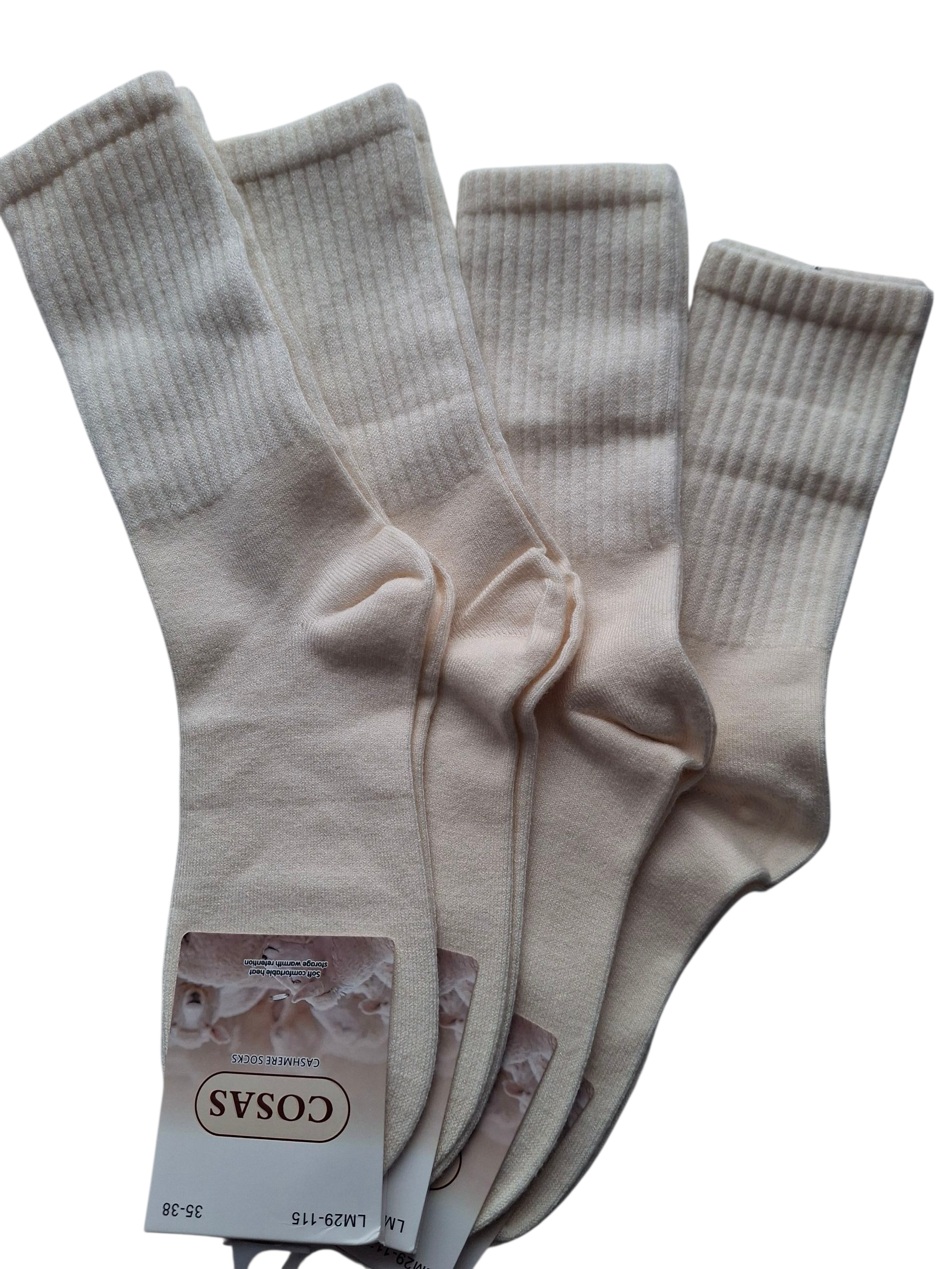 Zestaw 4-pak długich, ciepłych kremowych skarpetek damskich – 95% kaszmir – idealne na jesień i zimę