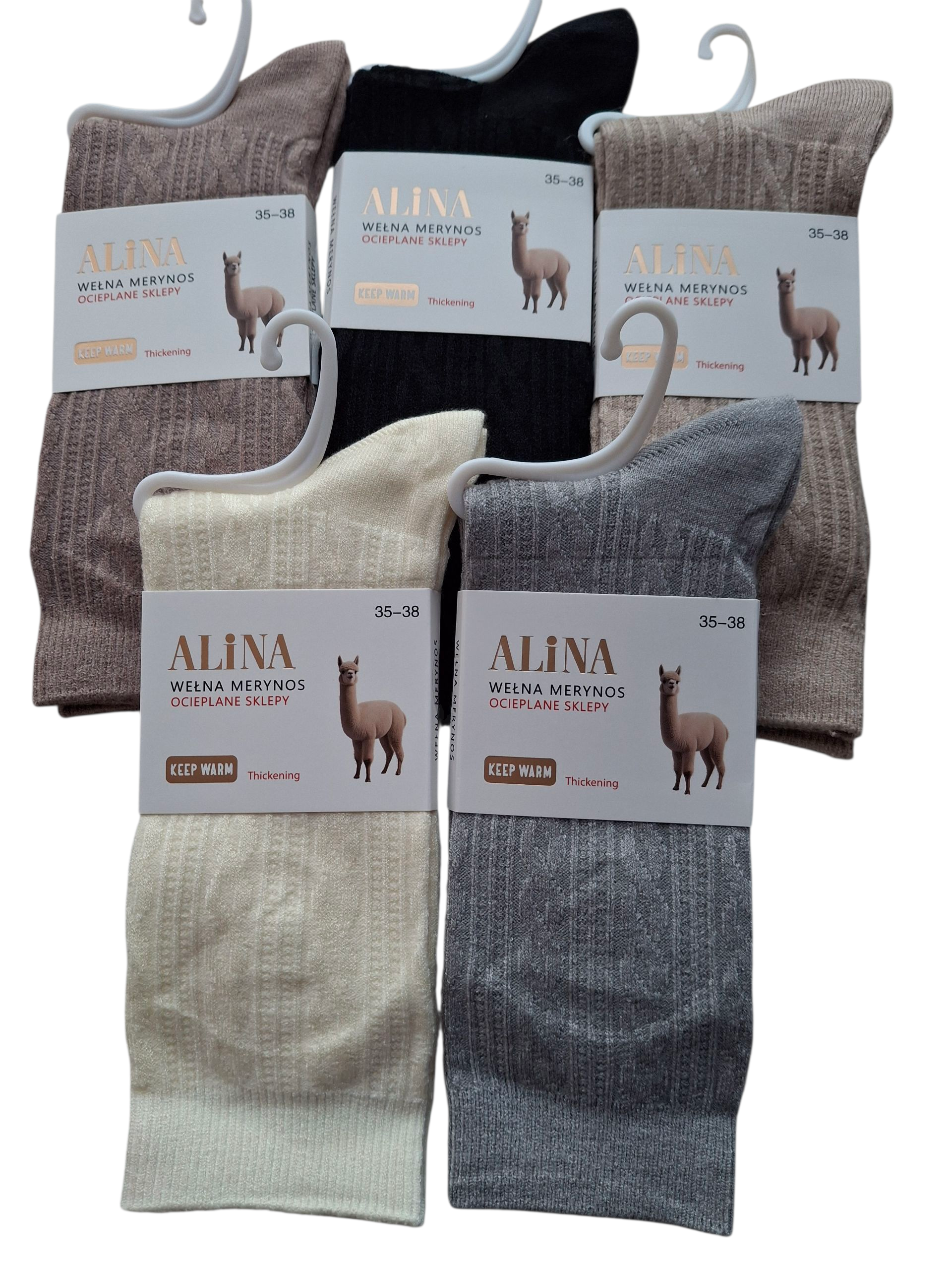 Zestaw 5 par damskich skarpetek z wełny merynosów – prążkowane z wzorem typu warkocz, ciepłe i stylowe