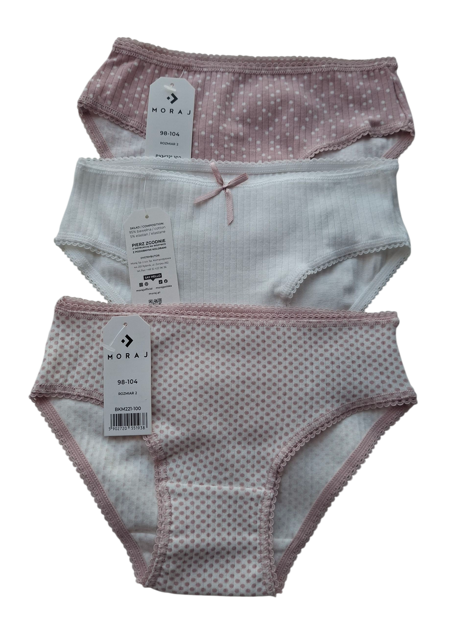 3-pak majteczek dziewczęcych fig – bawełniane, białe i różowe w kropeczki