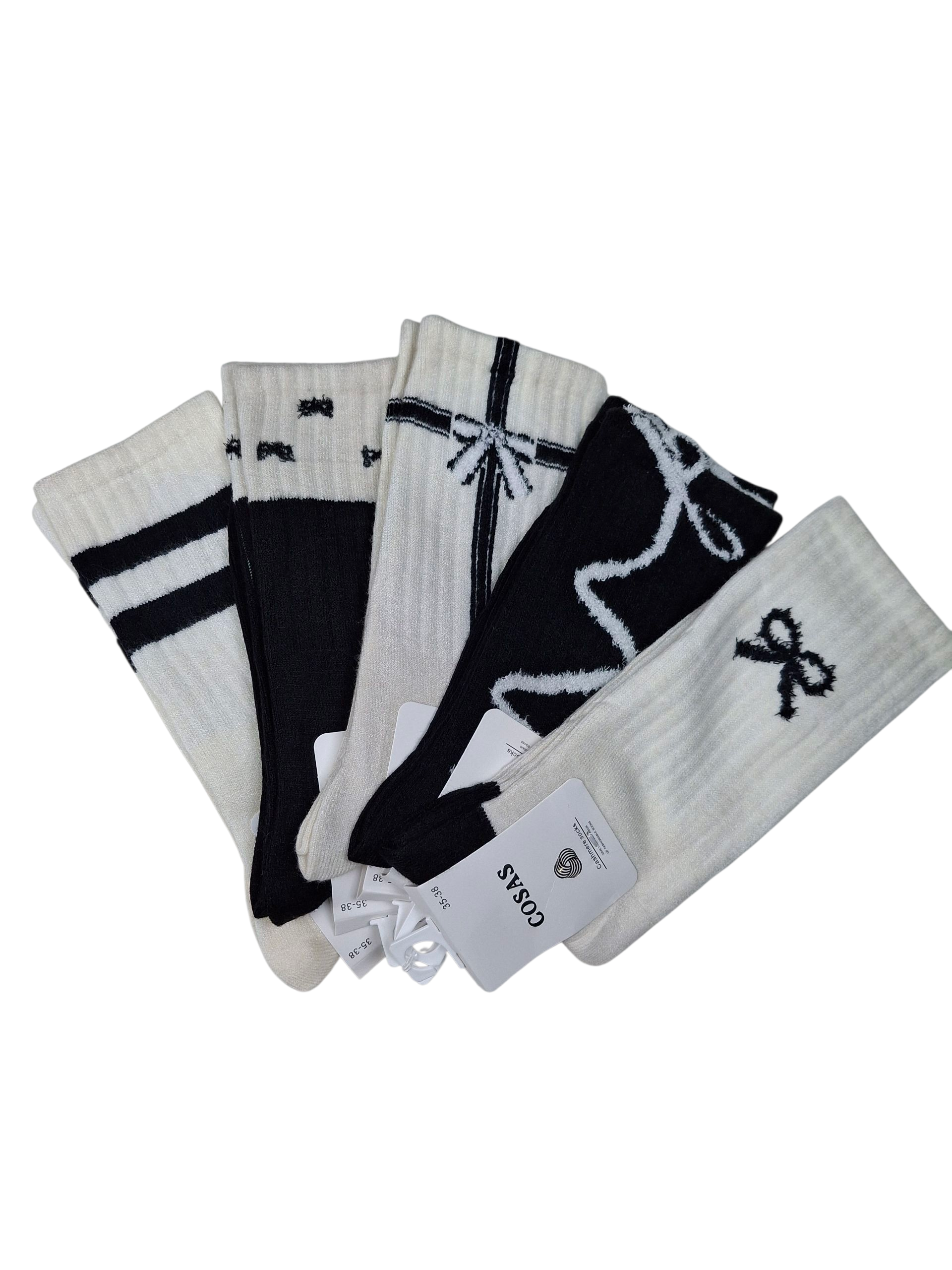 🎀🖤 Zestaw 4-pak kaszmirowych skarpetek kremowo-czarnych z motywem kokardek – ciepłe, długie i zimowe 🧦❄️