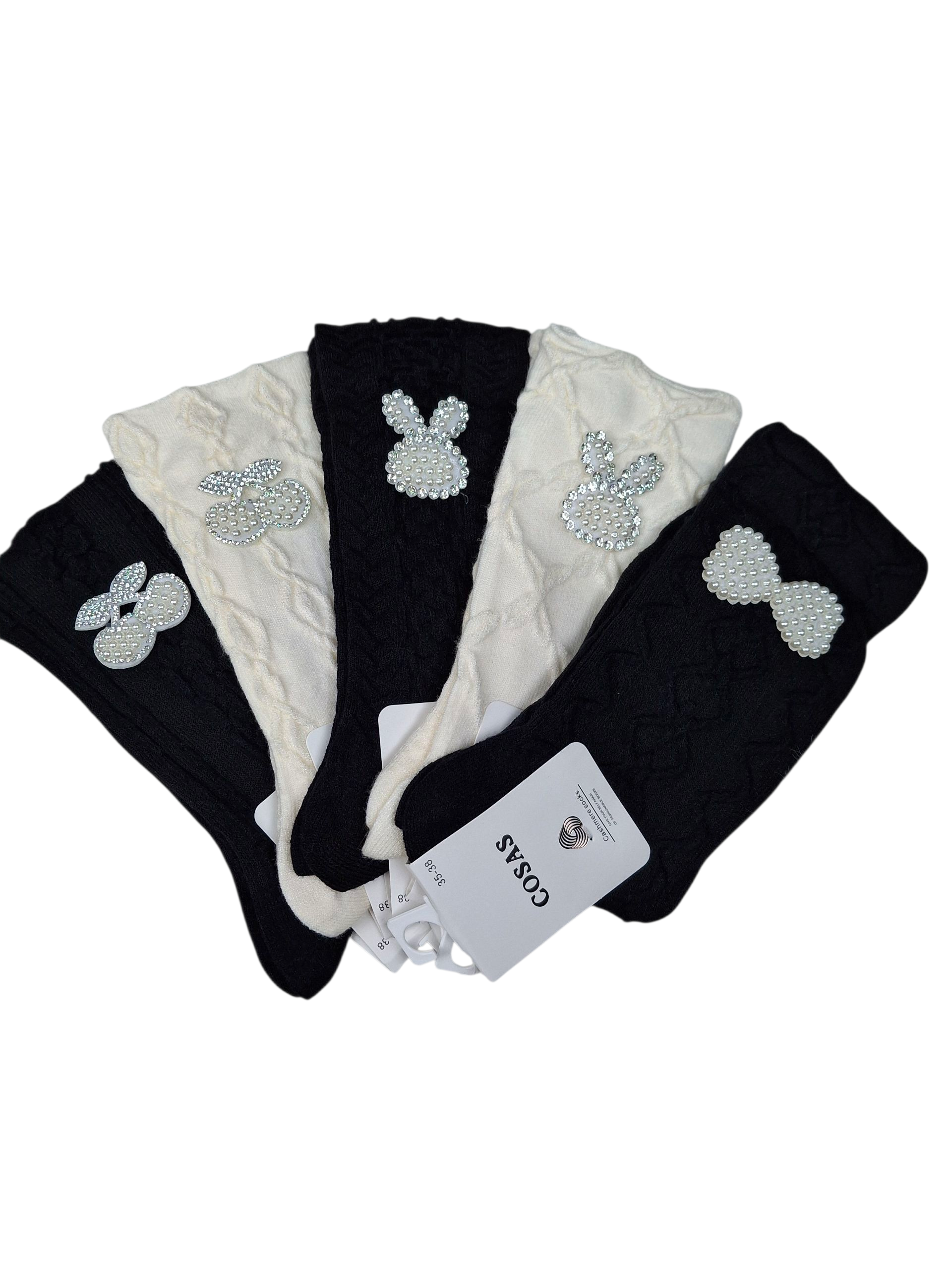 Zestaw 4-pak kaszmirowych skarpetek COSAS z perełkowymi motywami – króliczek, wiśnia i kokardka