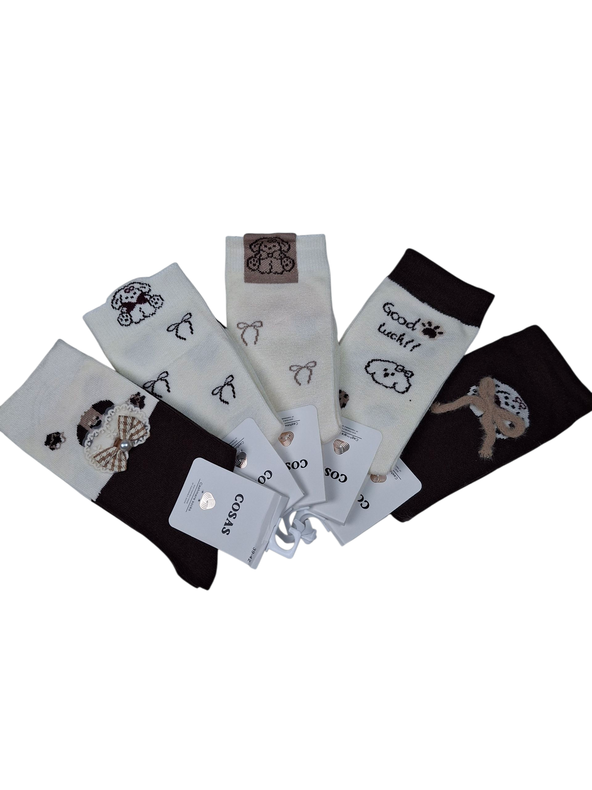 Zestaw 4-pak ciepłych, zimowych kaszmirowych skarpetek damskich w pieski i kokardki – brązowo-kremowe