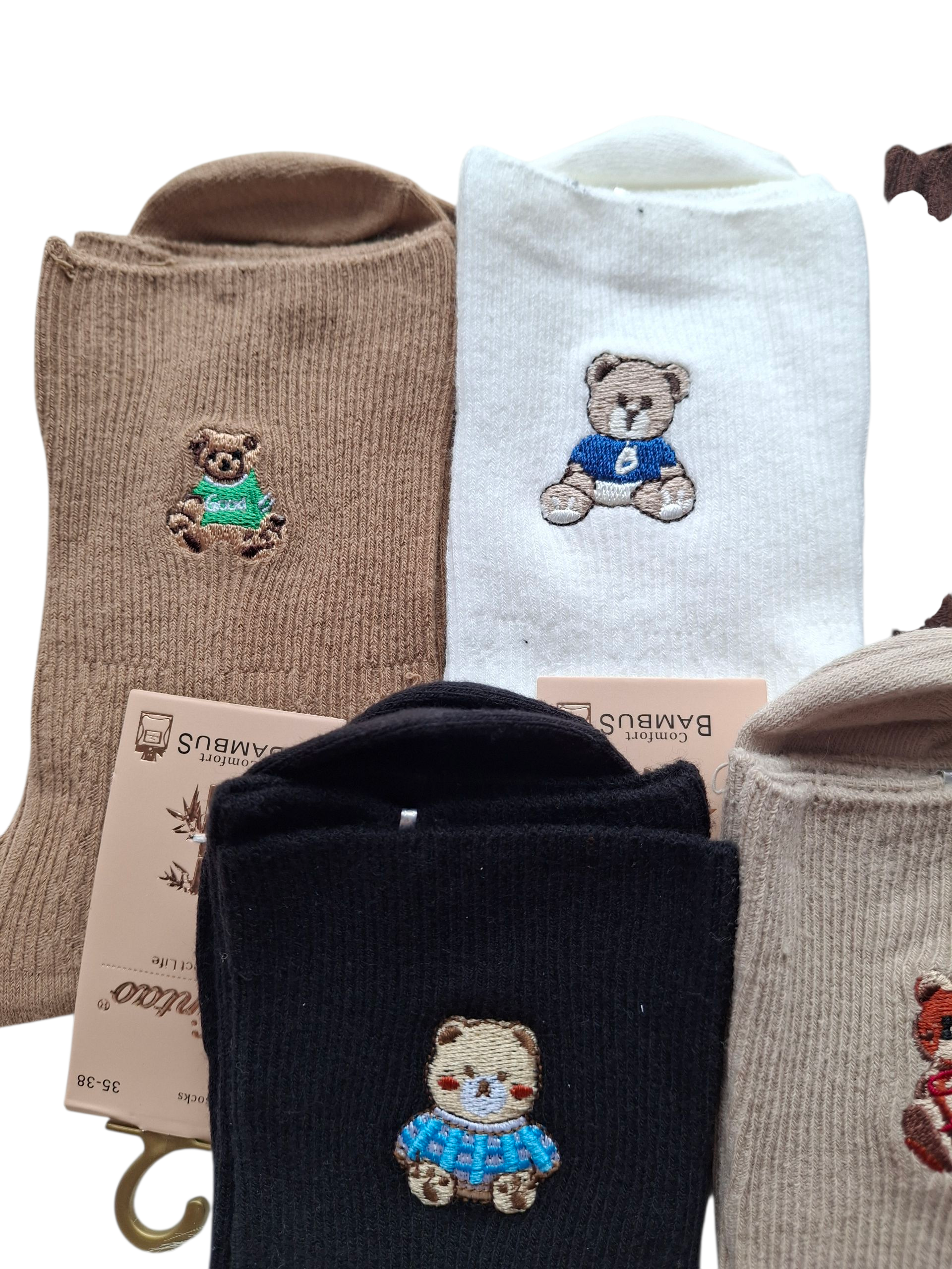 5-pak skarpetek bambusowych prążkowanych z haftowanym misiem - obrazek 3