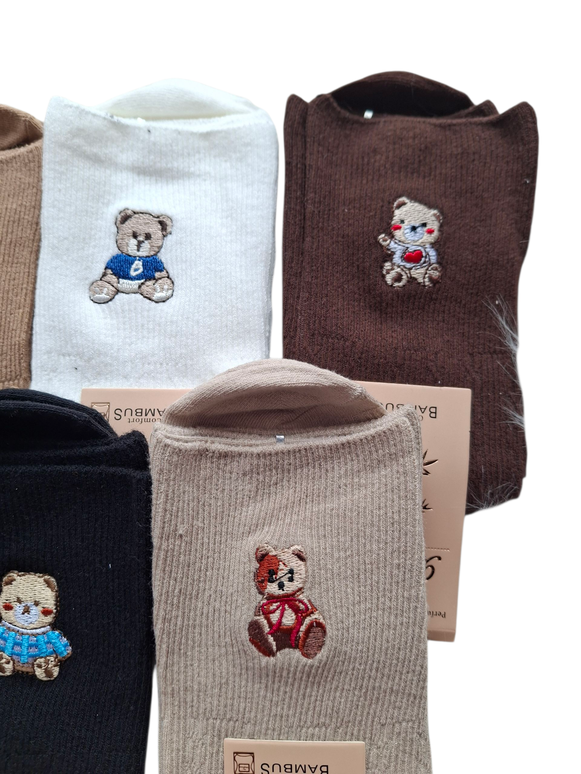 5-pak skarpetek bambusowych prążkowanych z haftowanym misiem - obrazek 2