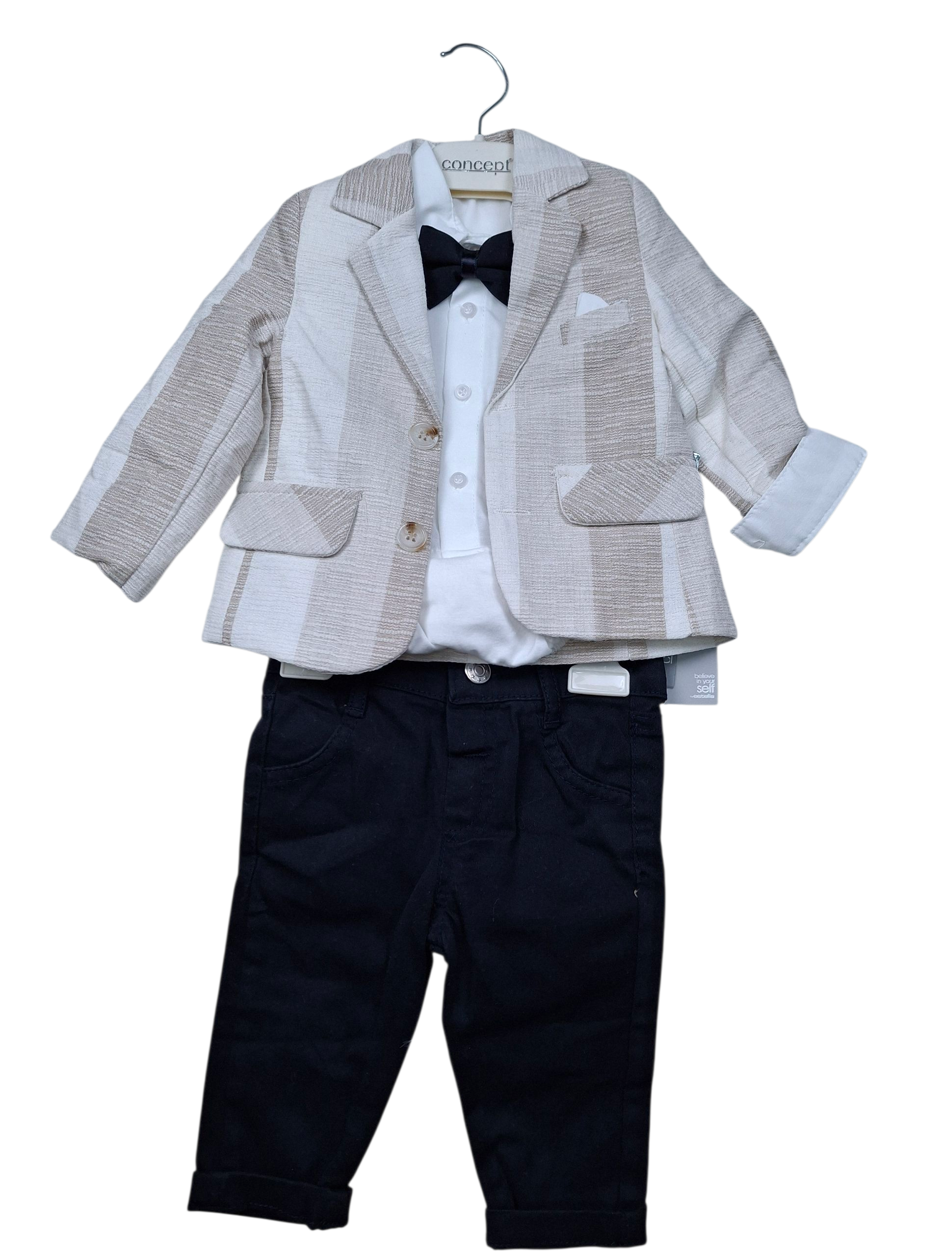 Beżowy garnitur chłopięcy 4-częściowy marynarka body spodnie mucha