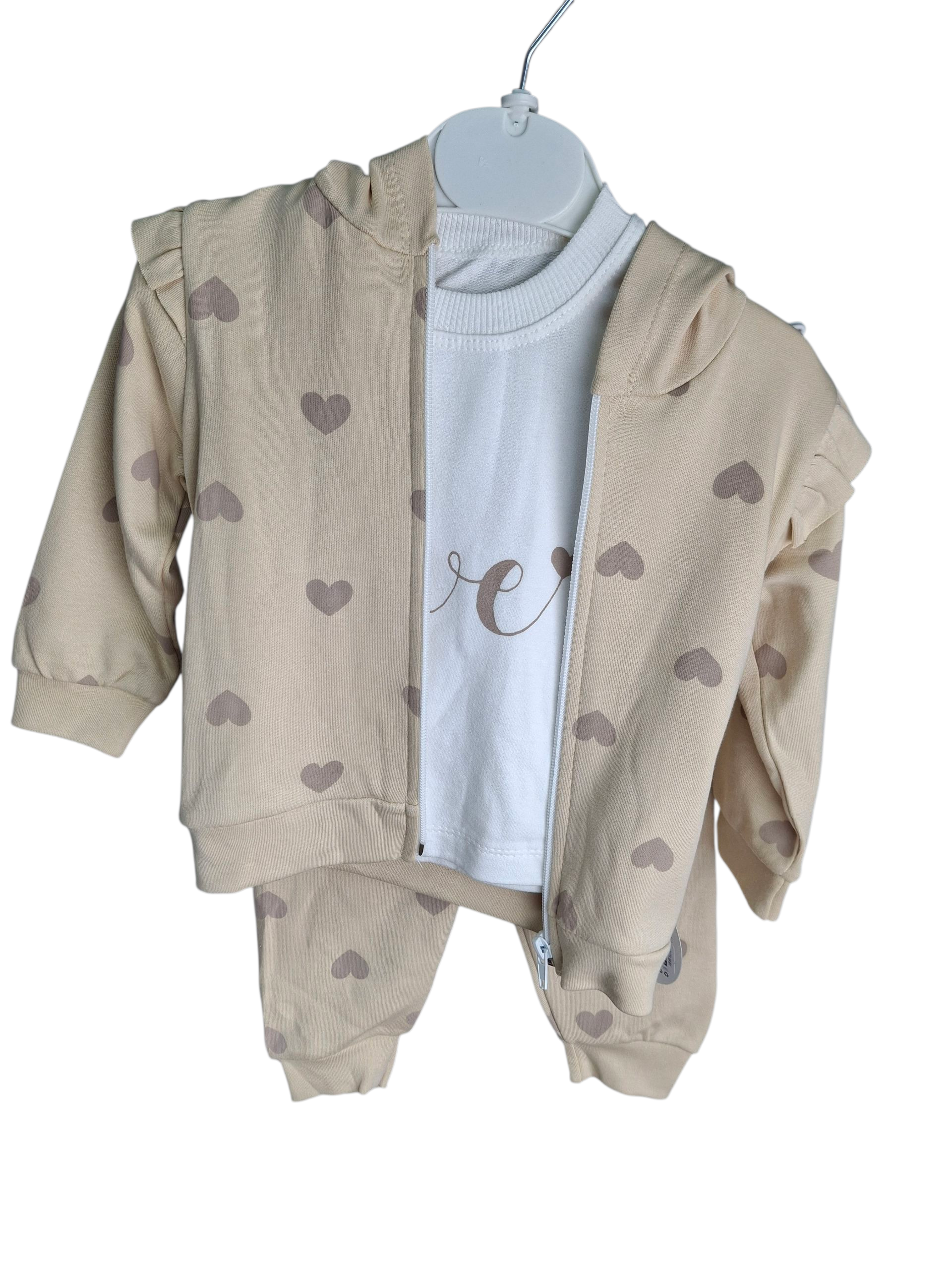 Beżowy dres dziewczęcy z kapturem + bluzka w serduszka, 100% bawełna - obrazek 6