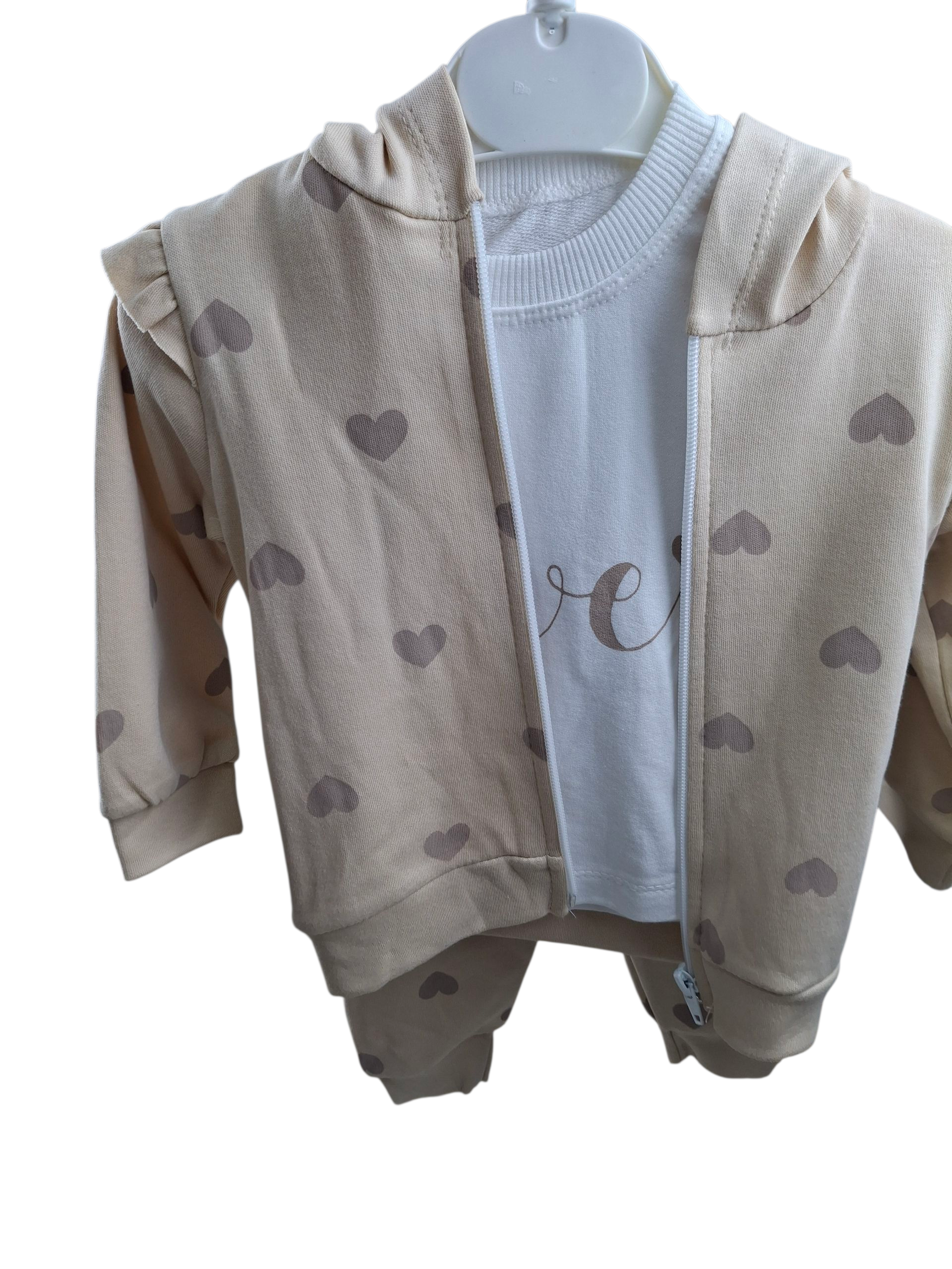 Beżowy dres dziewczęcy z kapturem + bluzka w serduszka, 100% bawełna - obrazek 5