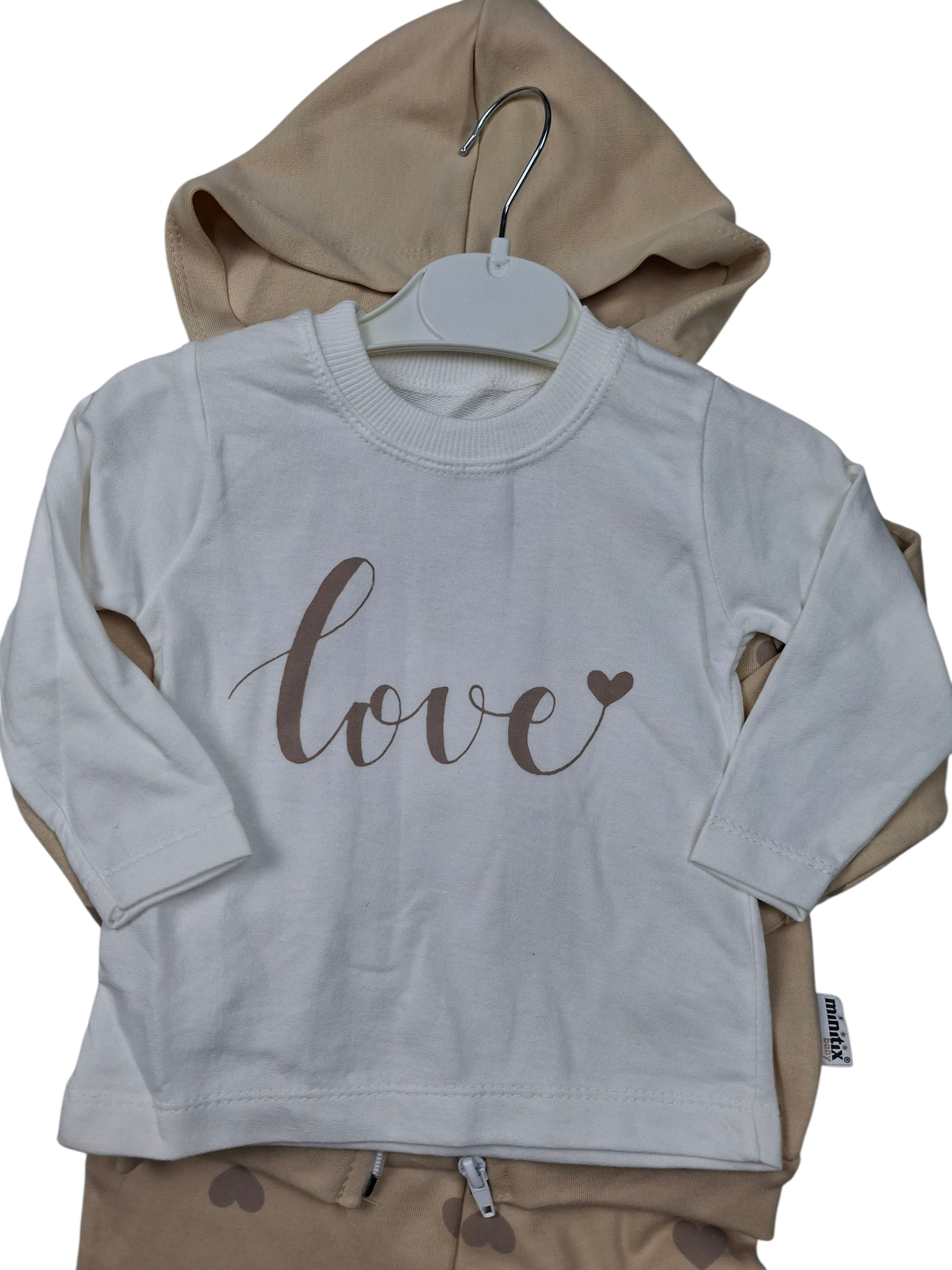 Beżowy dres dziewczęcy z kapturem + bluzka w serduszka, 100% bawełna - obrazek 3