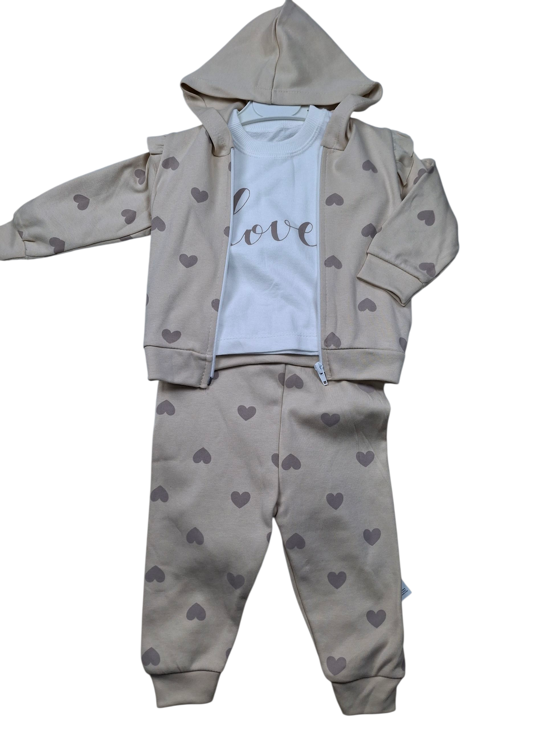 Beżowy dres dziewczęcy z kapturem + bluzka w serduszka, 100% bawełna