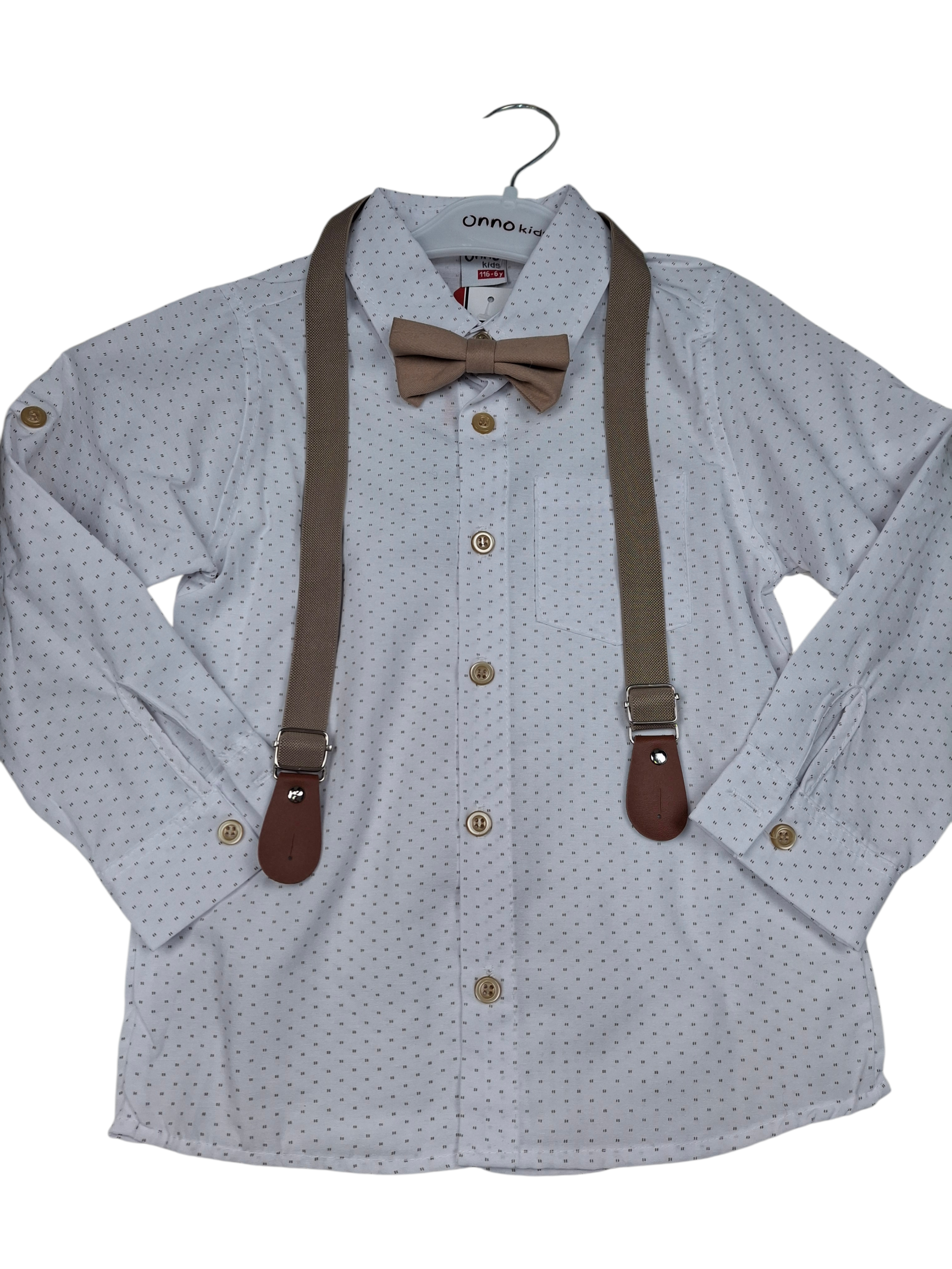 Beżowy elegancki zestaw dla chłopca 4-częściowy – koszula spodnie mucha szelki - obrazek 2