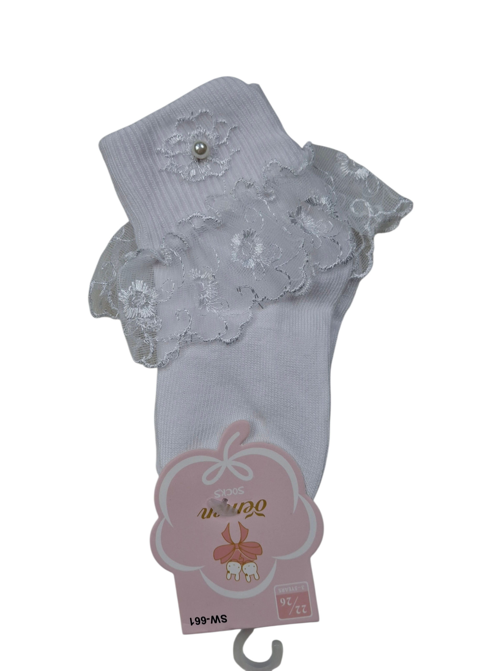 Skarpetki dziewczęce z koronką i perełką białe eleganckie miękkie