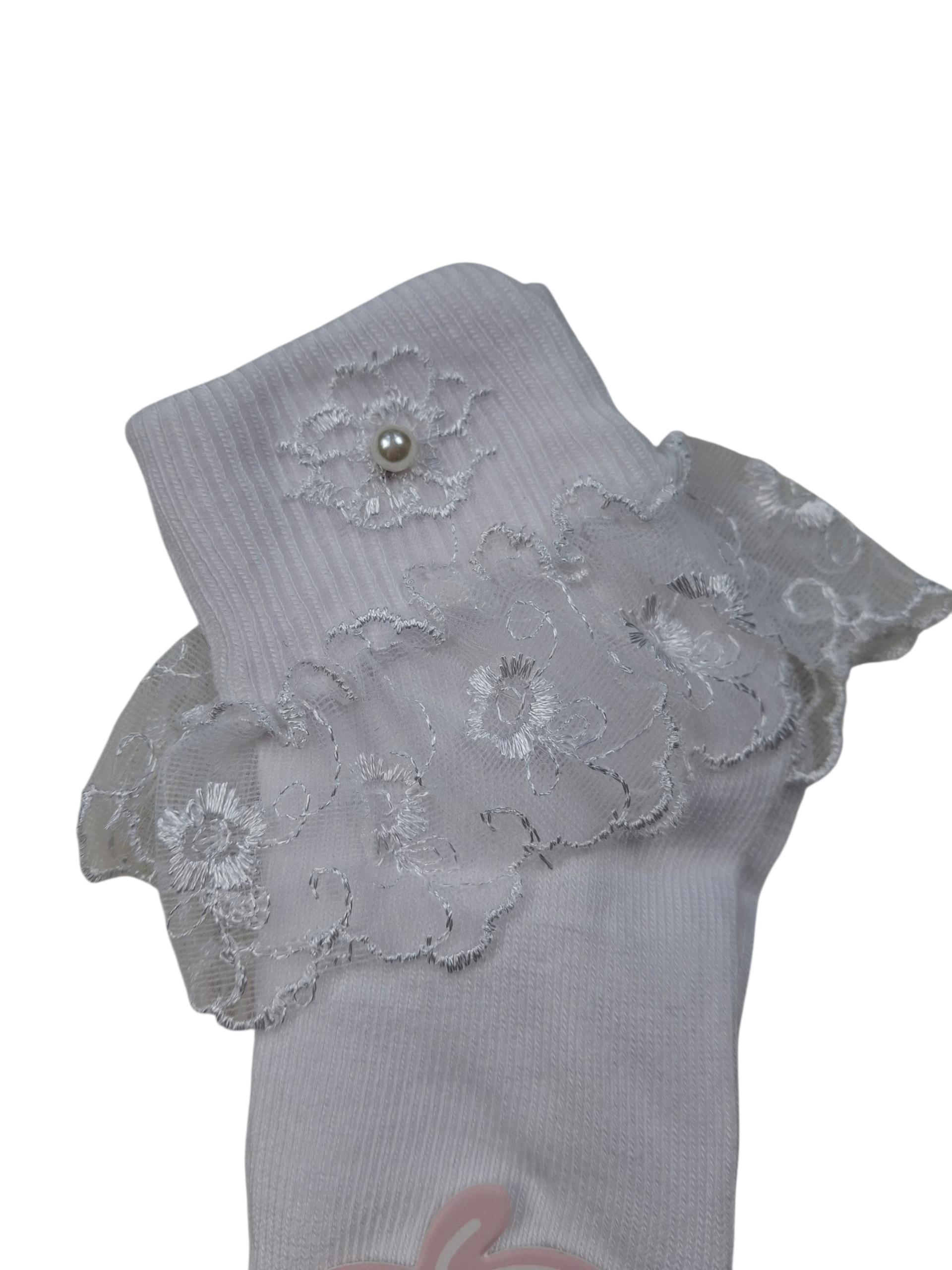 Skarpetki dziewczęce z koronką i perełką białe eleganckie miękkie - obrazek 2