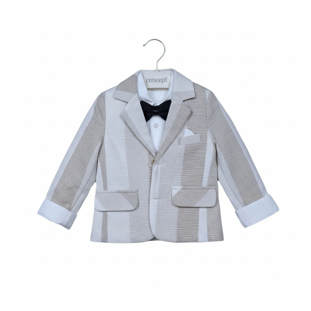 Beżowy garnitur chłopięcy 4-częściowy marynarka body spodnie mucha - obrazek 3